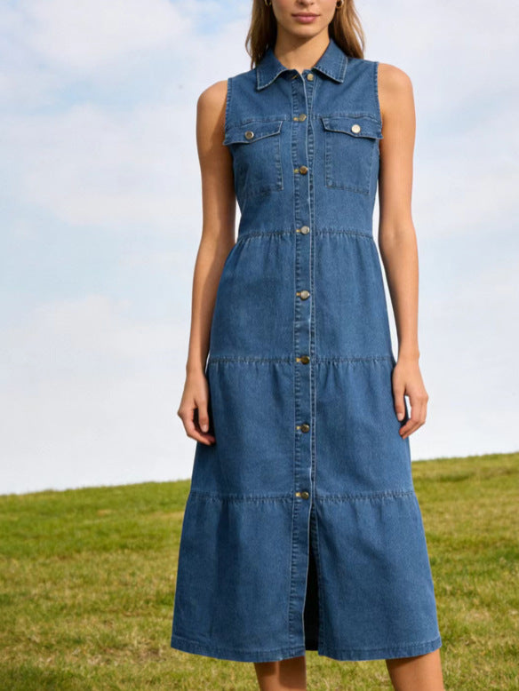 High-Waisted Long Denim Dress