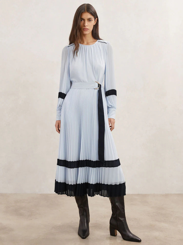Pleated Dress with Lace Details and Belt