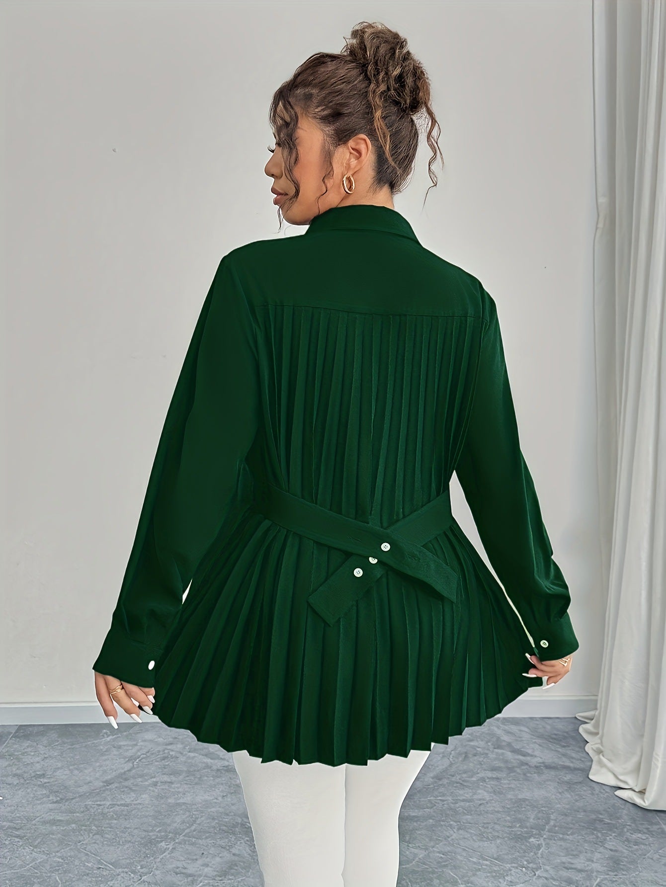 Elegant Waist-Pleated Solid-Color Shirt for Women