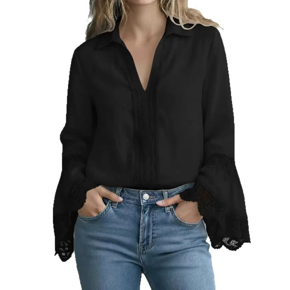 Elegant Cotton Blend Blouse with Lace Finishes