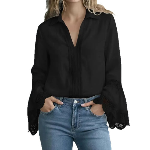 Blusa elegante de mezcla de algodón con acabados de encaje