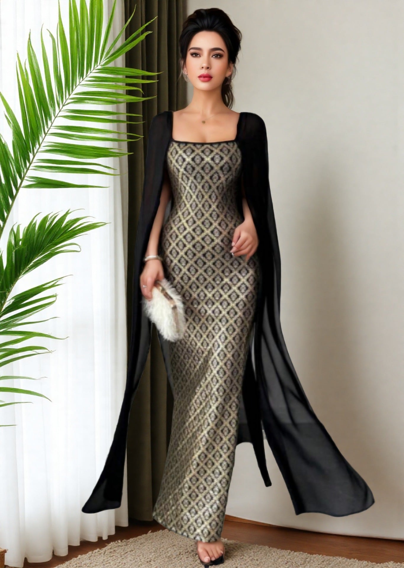 Long Printed Dress with Square Neckline and Long Sleeves