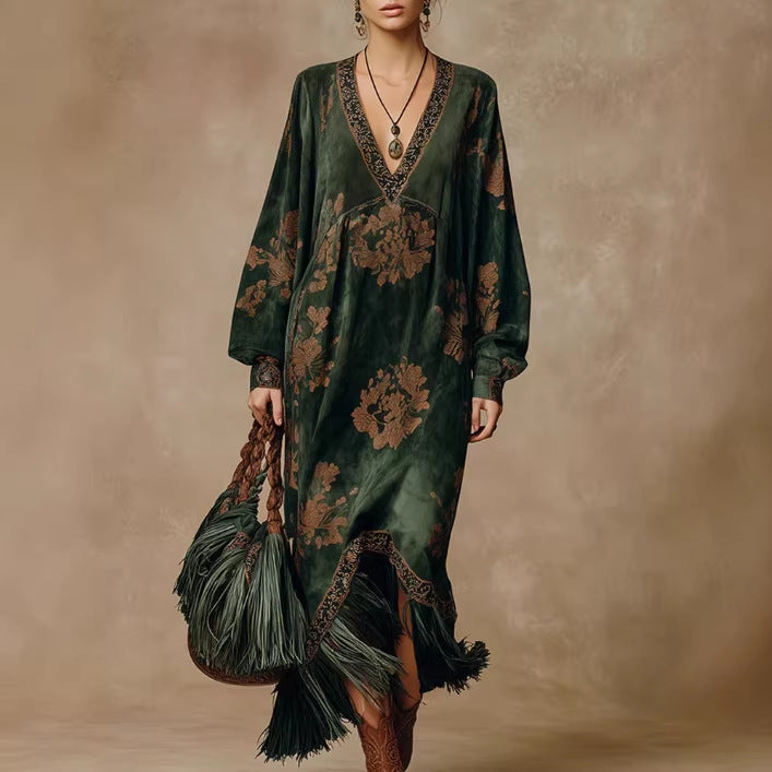 Long Green Dress with Fringe and Puff Sleeves