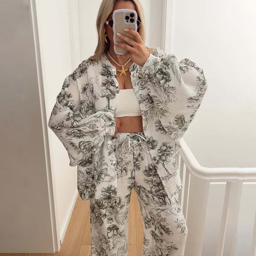 Pijama de algodón transpirable: camiseta de manga larga y pantalón