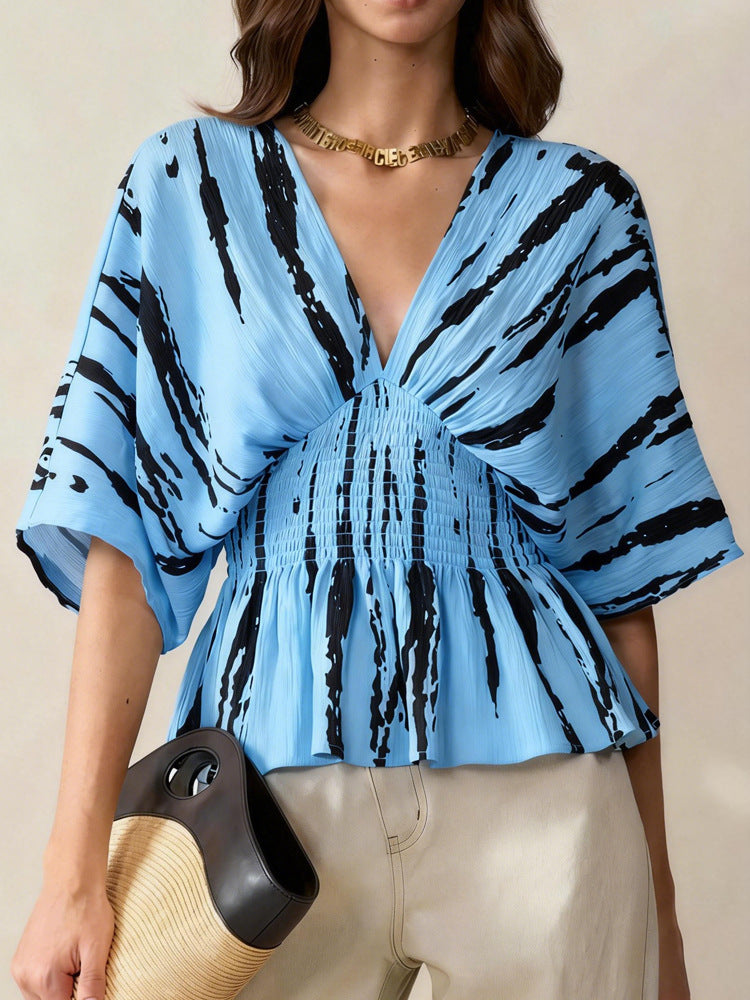 Top Estampado Holgado con Escote en V y Mangas 3/4