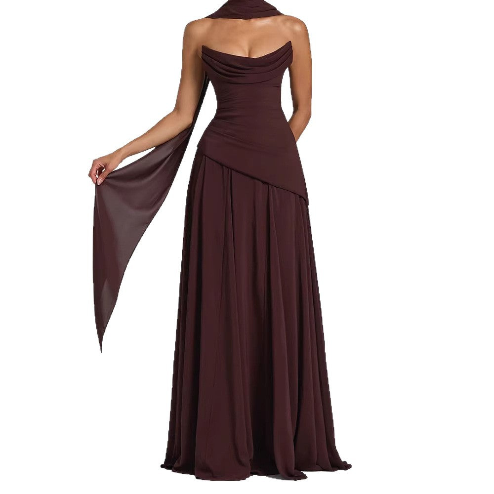 Long Ruched Sleeveless Dress with Open Back