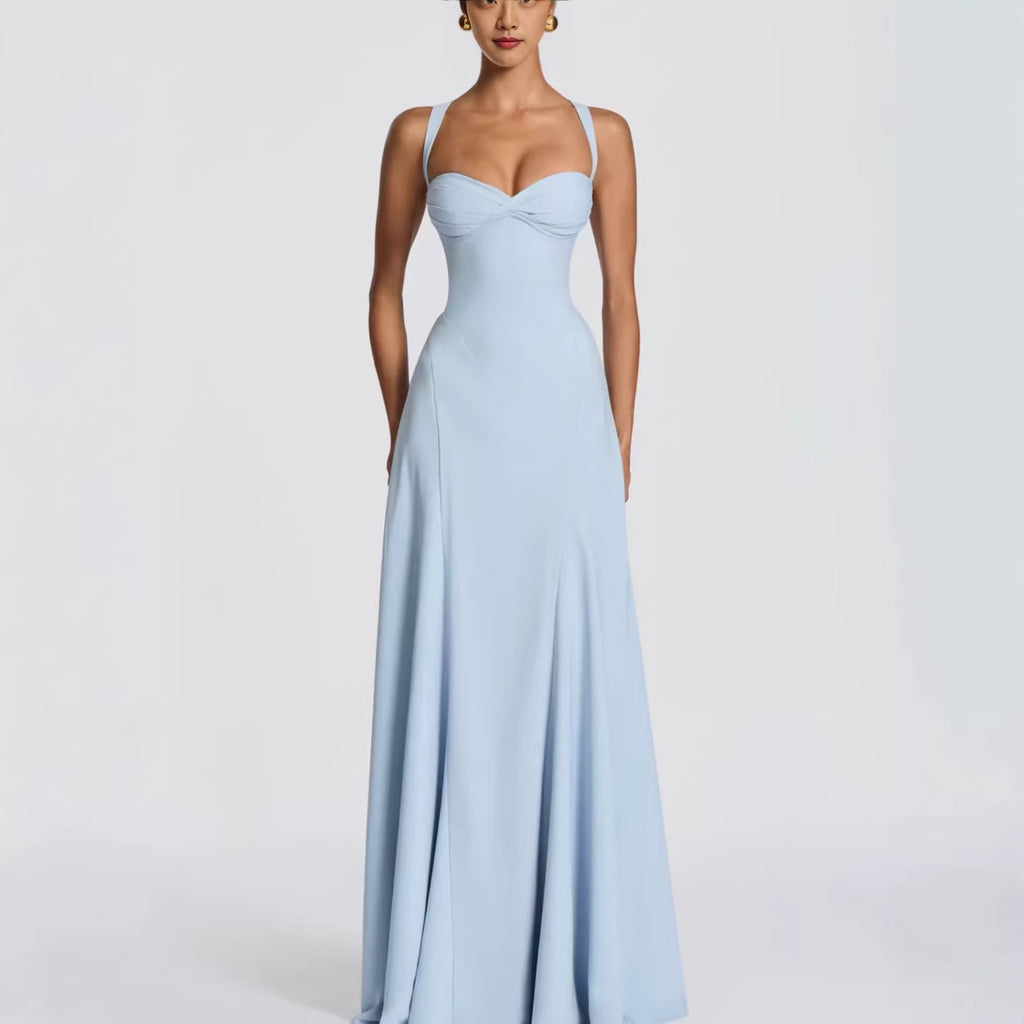 Wide-Strap Knotted Waistline Long Dress