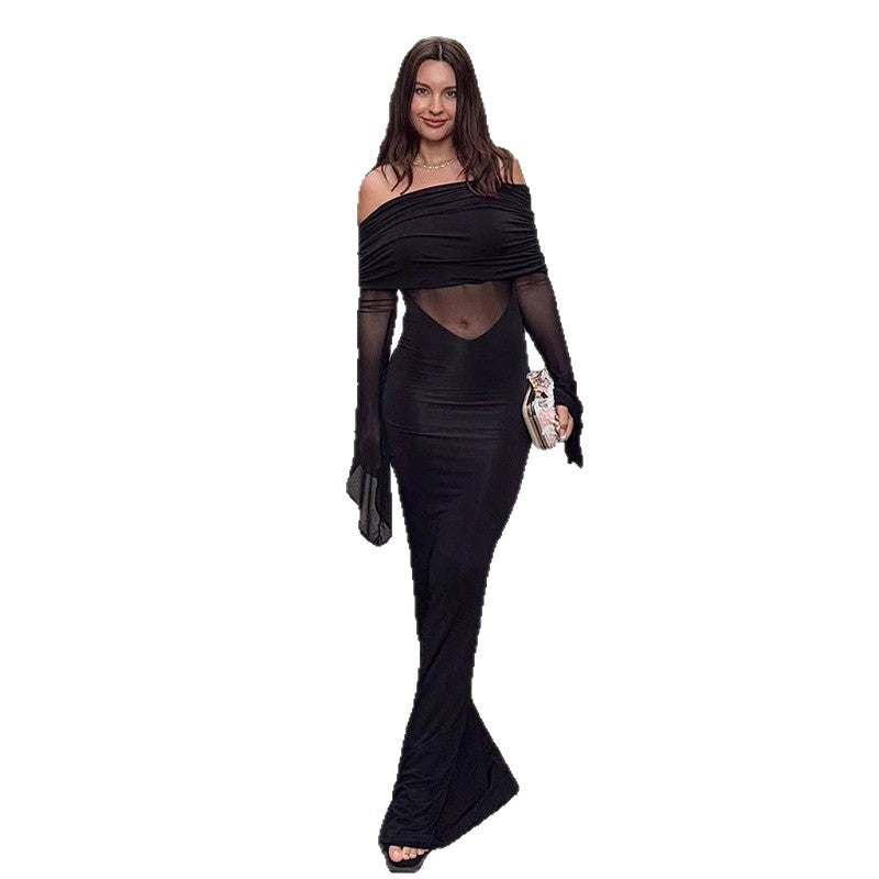 Fitted Long Dress with Tulle Panels