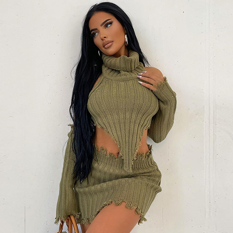 Knit Set with Turtleneck Open Back and Fitted Short Skirt