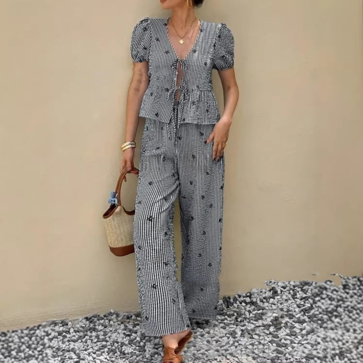 Chic Striped Set: Puff Sleeve Shirt and Long Pants
