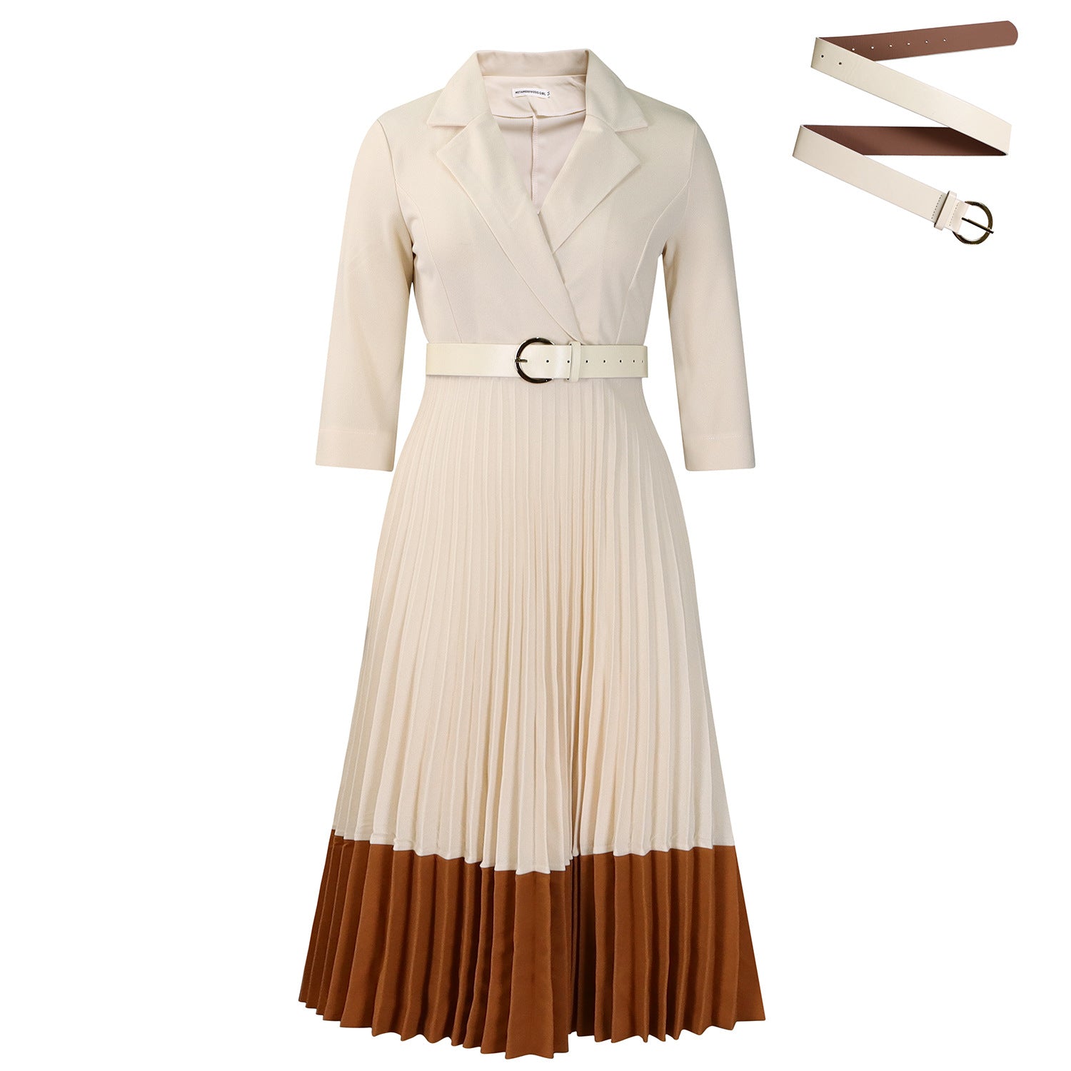 Vestido midi plisado elegante de mujer con cuello y cinturón