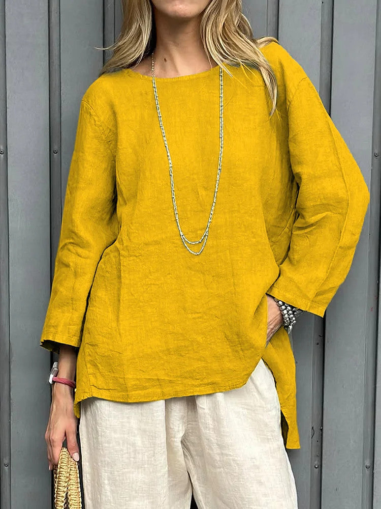 Blusa de algodón y lino con cuello redondo y manga larga