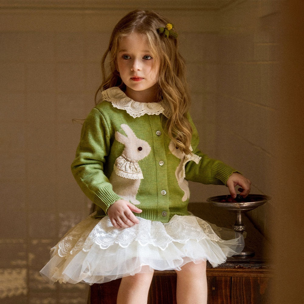 Girls Knit Cardigan "Lace Bunny" Green (Mid-Season)