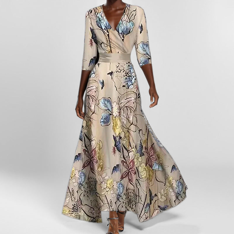 Printed V-Neck Dress with Mid-Length Sleeves
