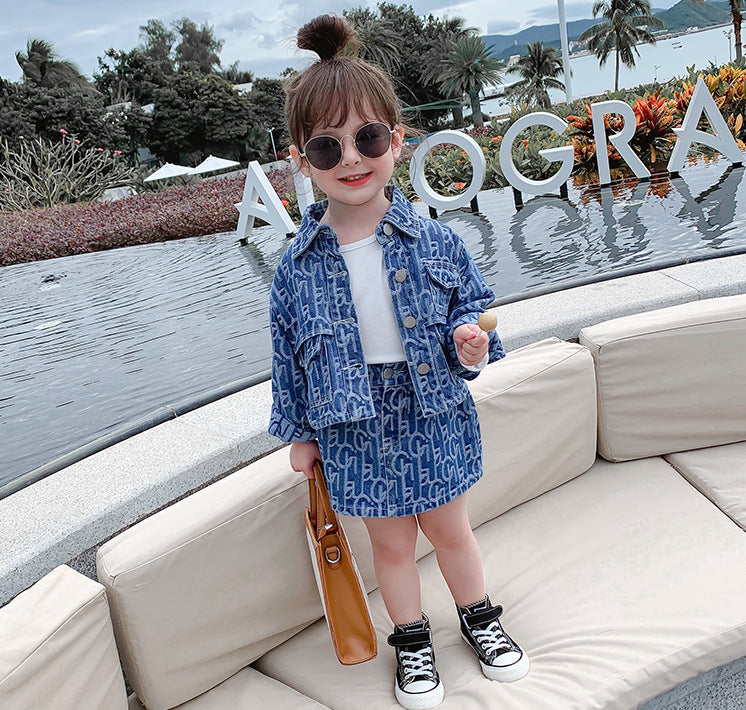 Girls Spring Denim Outfit Button-Up Jacket & Skirt