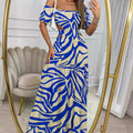 Printed Long Off-Shoulder Dress with Cutout Waist