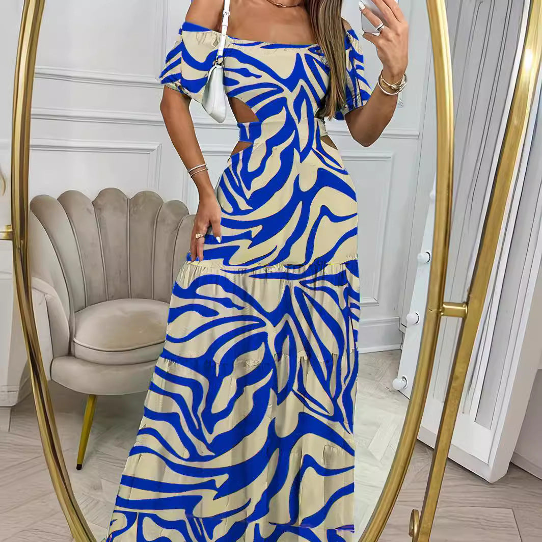 Printed Long Off-Shoulder Dress with Cutout Waist
