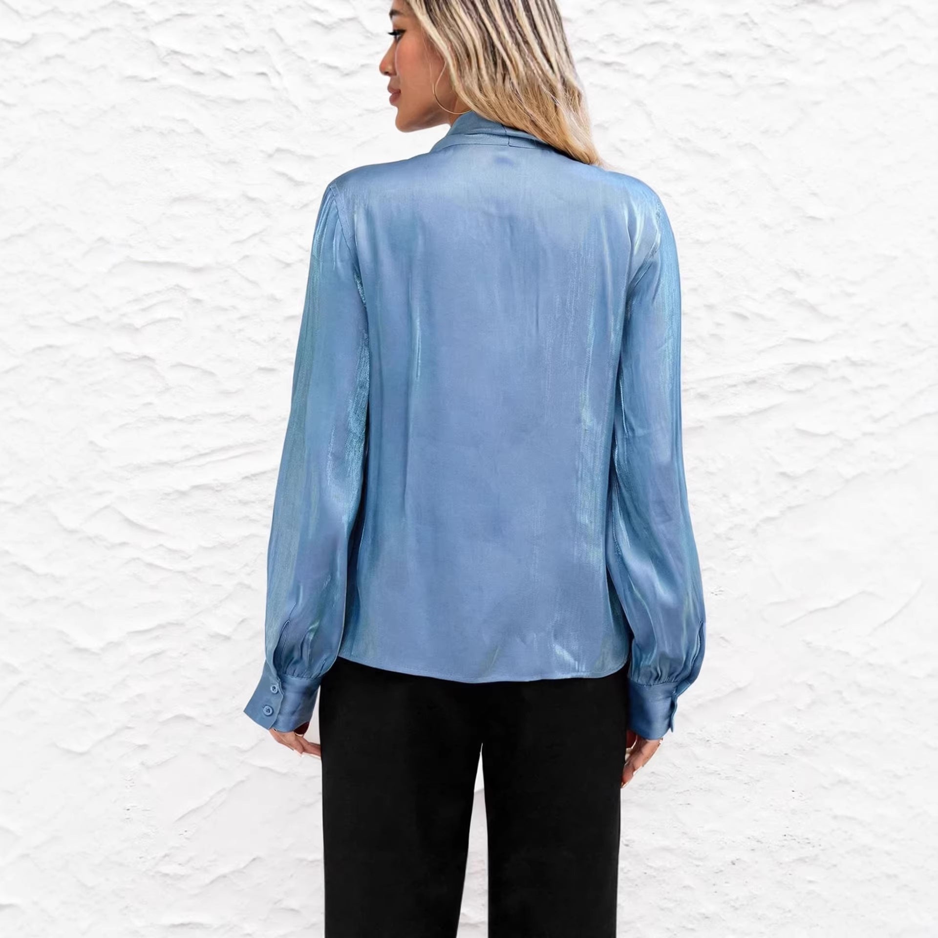 Minimalist Blue Top with Long Sleeves and Lace-Up Details