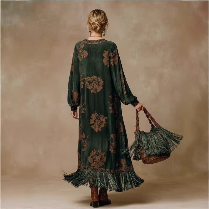Vestido Largo Verde con Flecos y Mangas Abullonadas