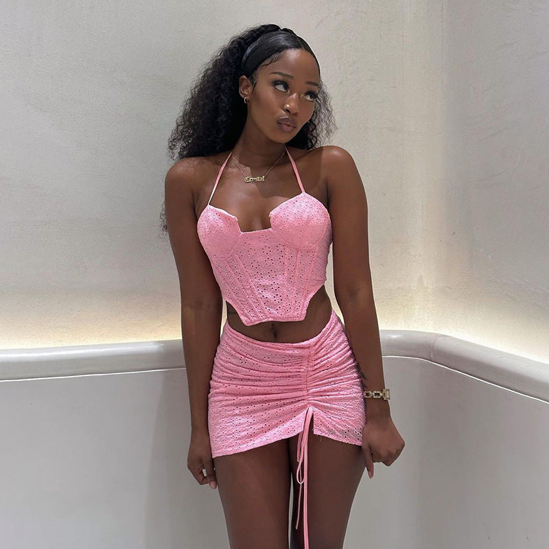 Pink Pleated Skirt Set with High Waist and Adjustable Tie