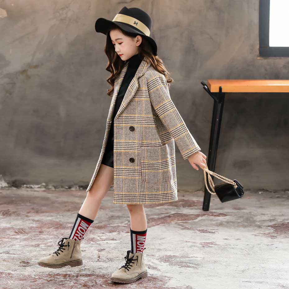 Girls’ Plaid Wool Blend Coat