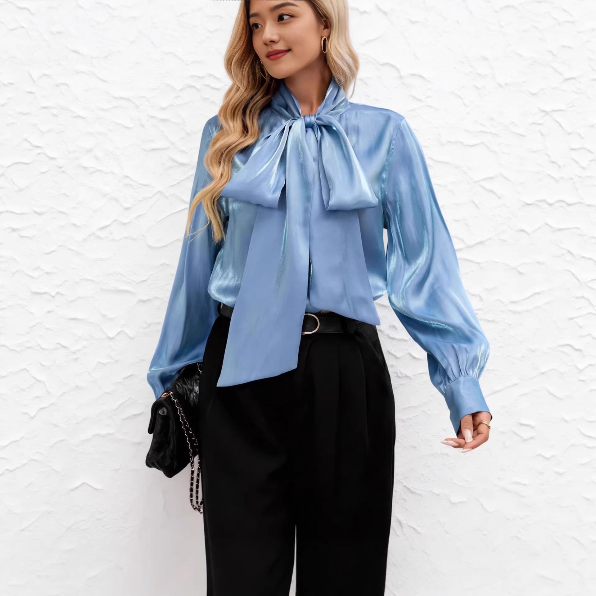 Minimalist Blue Top with Long Sleeves and Lace-Up Details