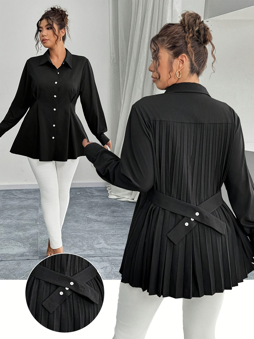 Elegant Waist-Pleated Solid-Color Shirt for Women