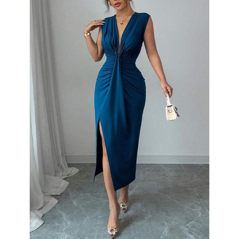 Sleeveless Midi Dress with Plunging Neckline