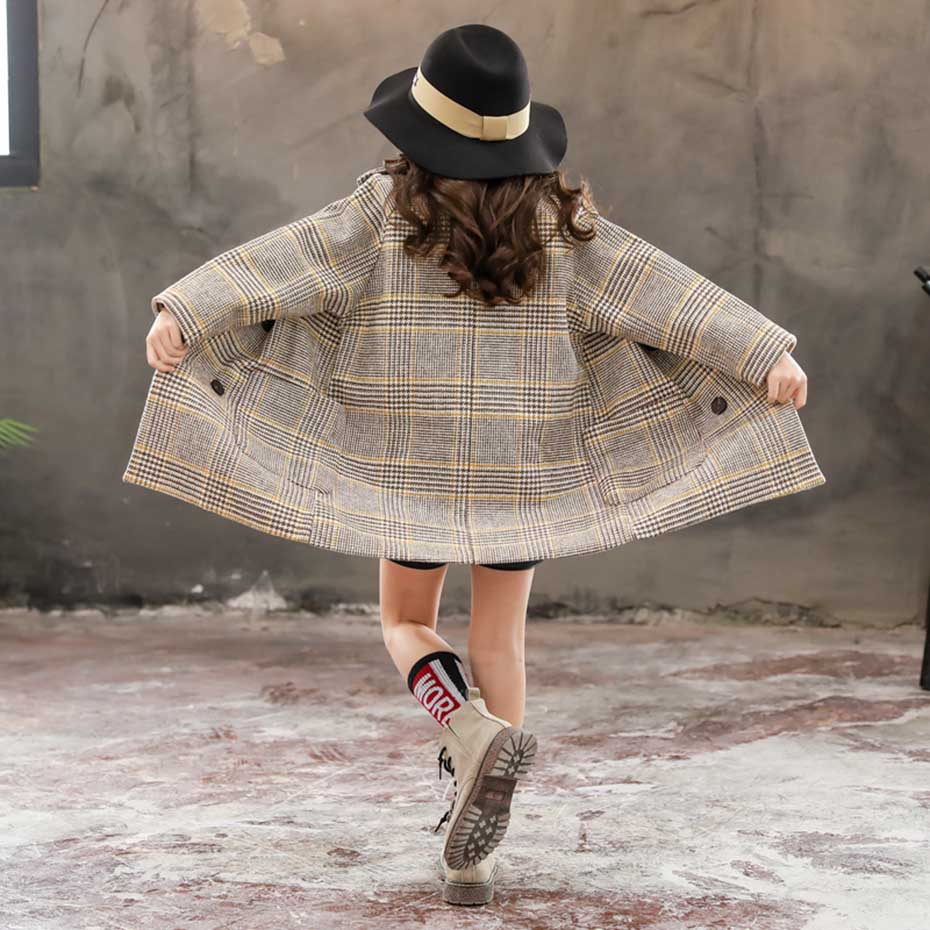 Girls’ Plaid Wool Blend Coat
