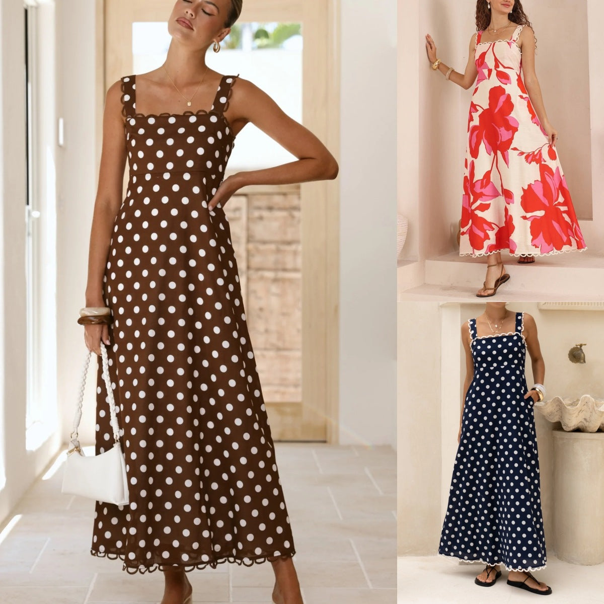 Robe longue évasée à pois avec finitions en dentelle