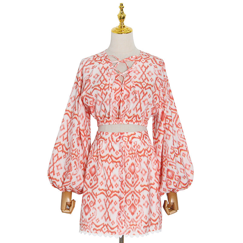 Printed Set with V-Neck, Lantern Sleeves and Short Skirt