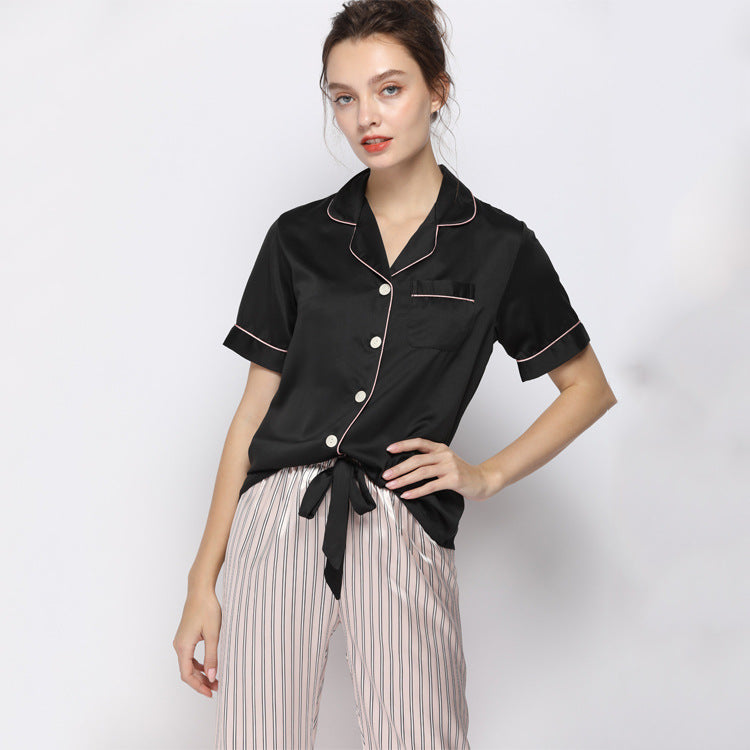 Conjunto de pijama efecto seda de manga corta y pantalón para mujer