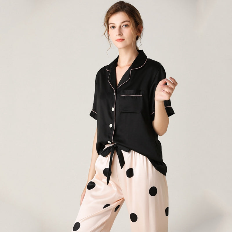 Conjunto de pijama efecto seda de manga corta y pantalón para mujer