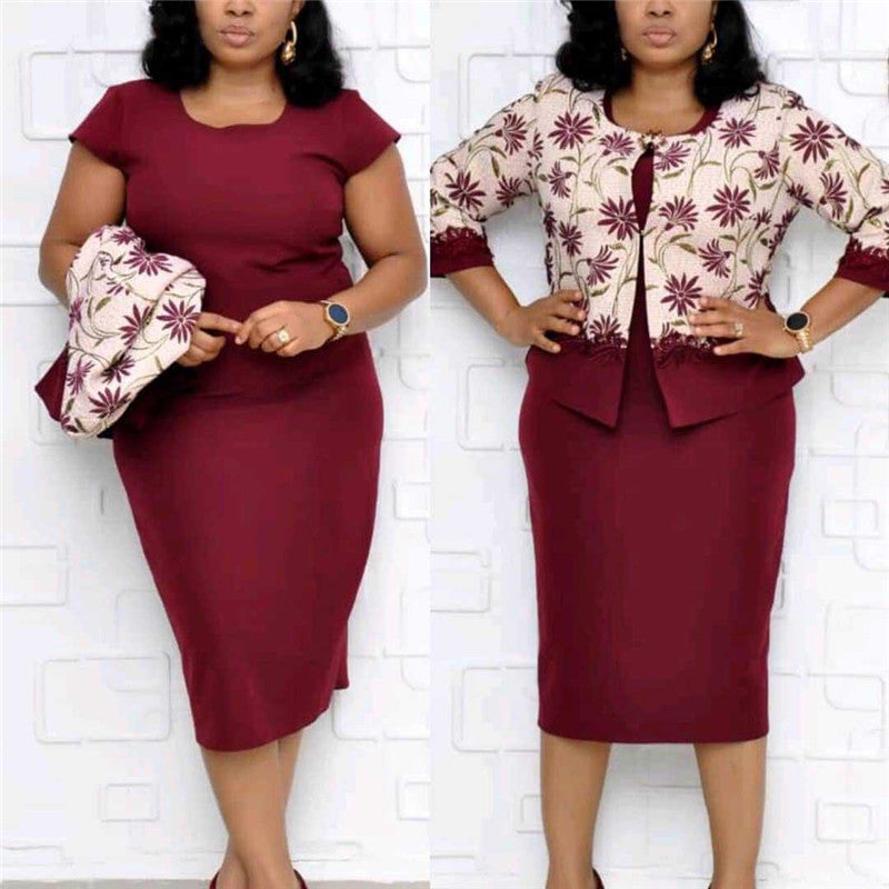 Plus Size Printed Set with Light Jacket and Midi Dress