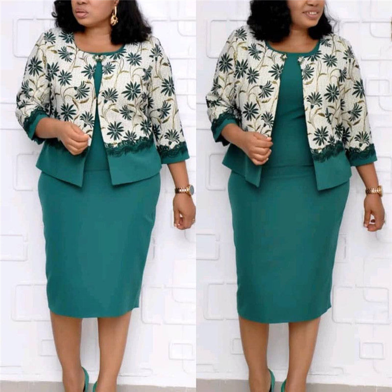 Plus Size Printed Set with Light Jacket and Midi Dress