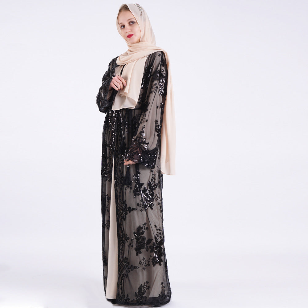Long Floral Dress with Short Sleeves and Belt