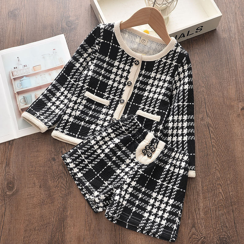 Ensemble 2 pièces à carreaux pour filles : haut à manches longues et short (mi-saison)