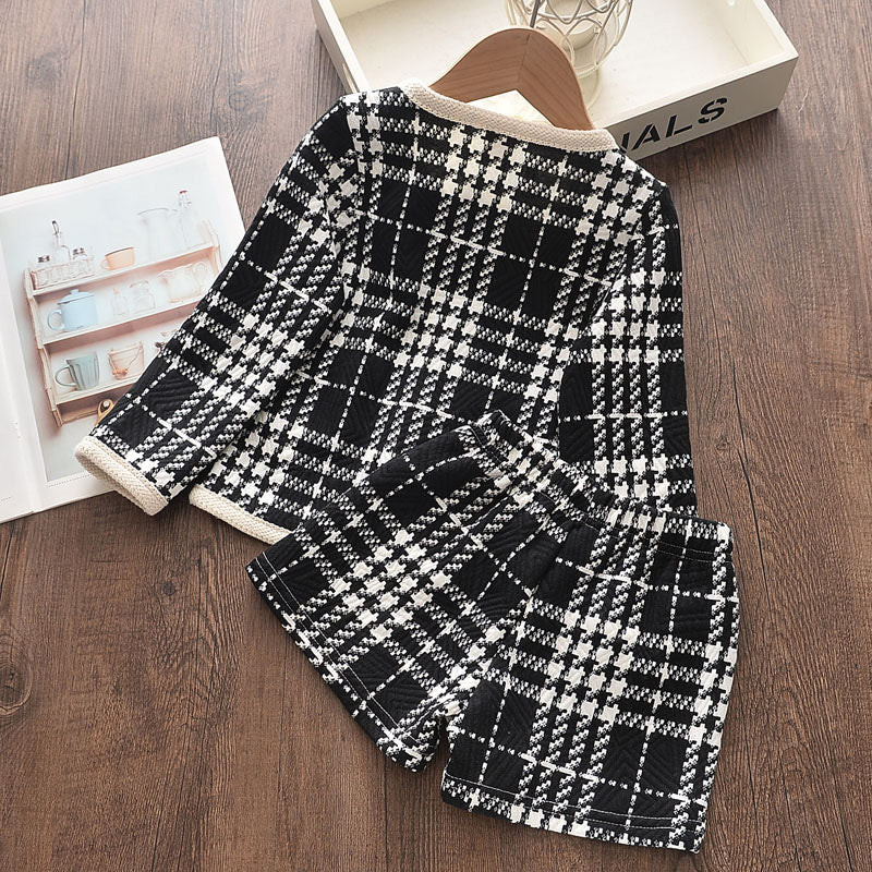 Ensemble 2 pièces à carreaux pour filles : haut à manches longues et short (mi-saison)