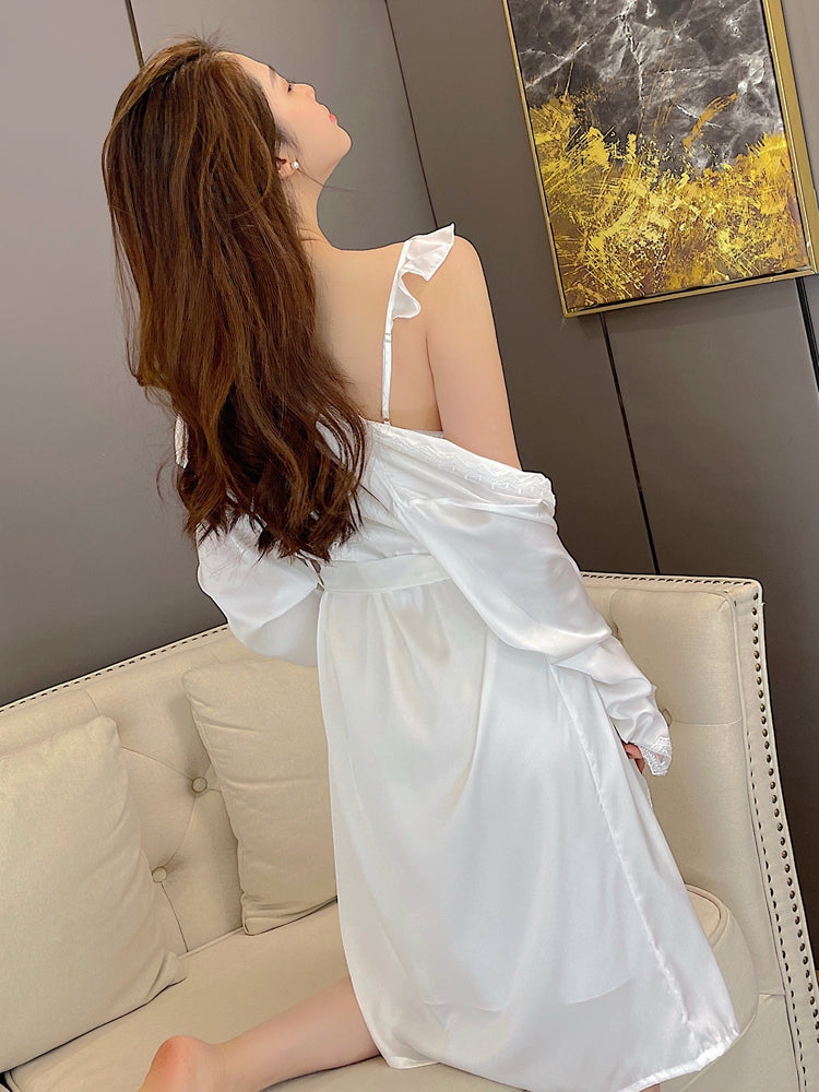 Satin Lace Nightgown Set with Thin Straps