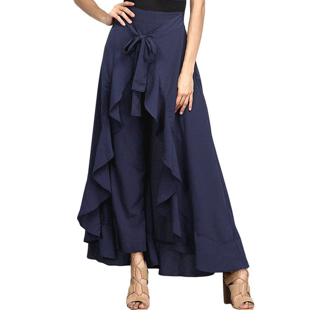 Pantalones lisos con cintura ajustable y ribete con volantes