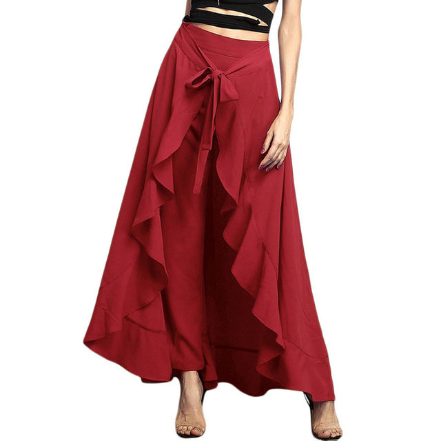 Pantalones lisos con cintura ajustable y ribete con volantes