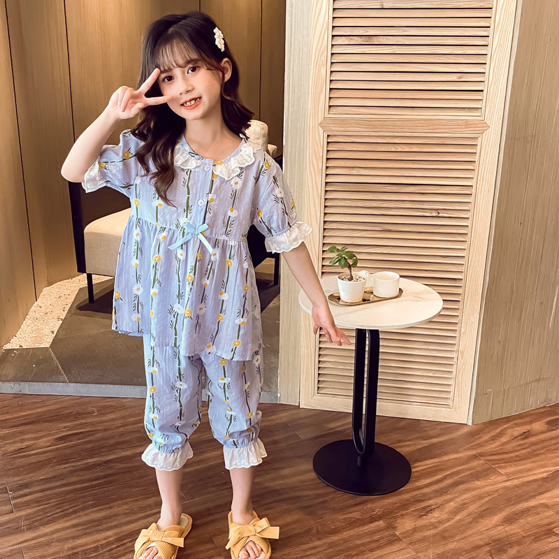 Cotton Short Sleeve Pajamas with Flowers