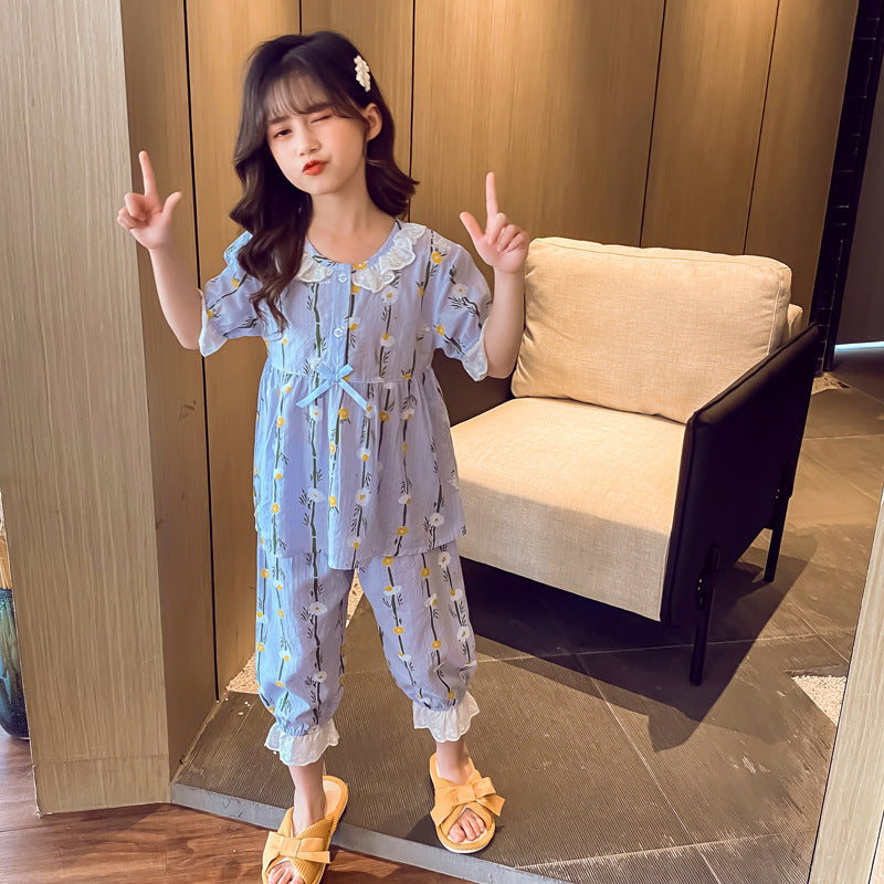 Cotton Short Sleeve Pajamas with Flowers