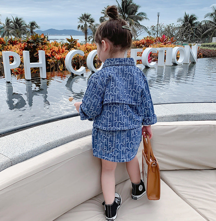 Girls Spring Denim Outfit Button-Up Jacket & Skirt