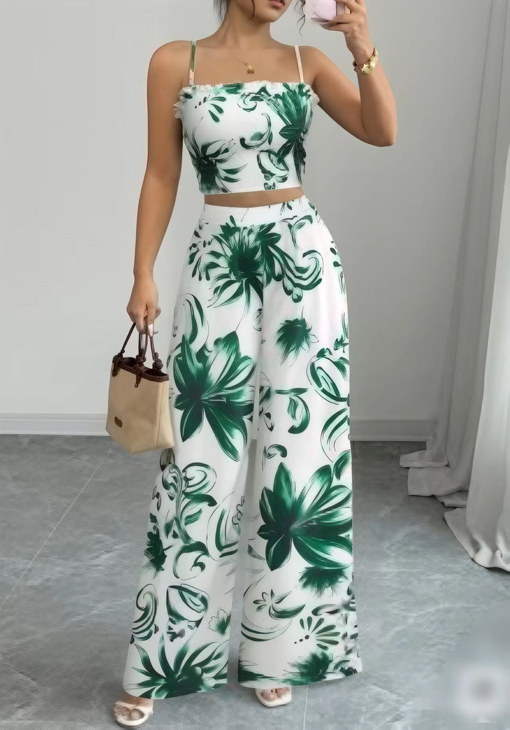 Printed Jumpsuit with Thin Straps and Fitted Cut