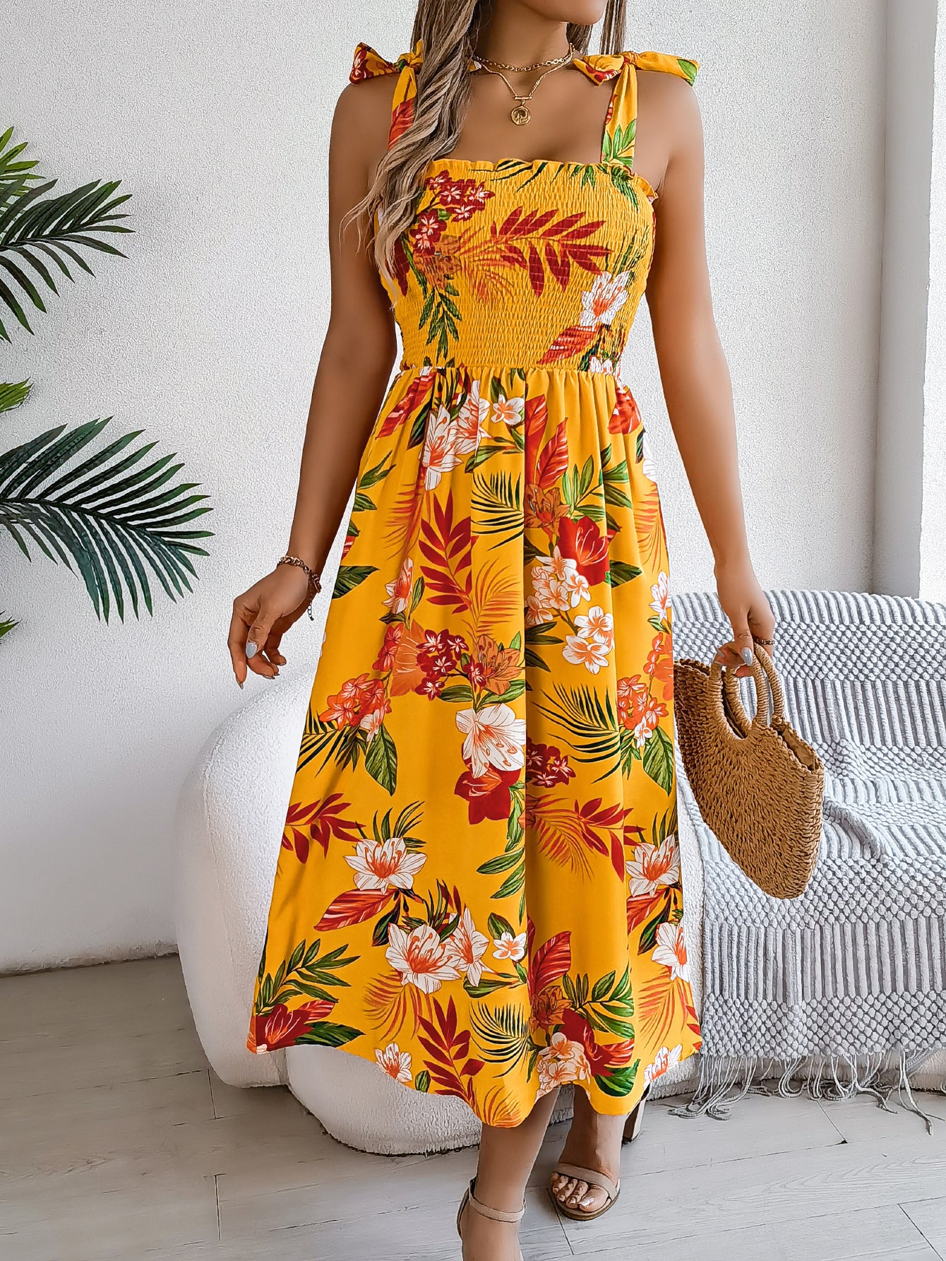 Floral Long Dress with Straps and Defined Waist