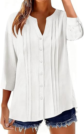 Pleated Cotton-Linen Loose Shirt for Women