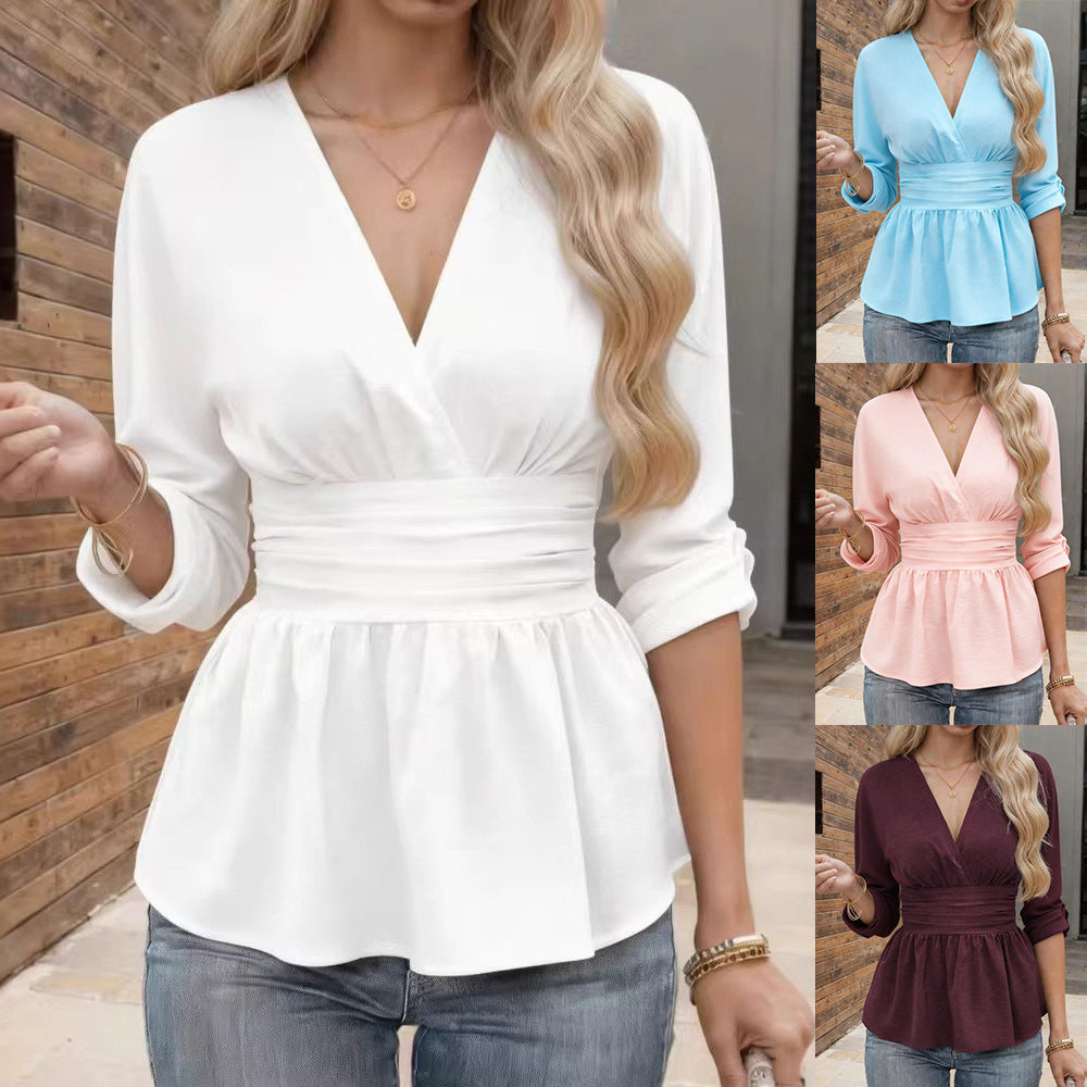 Solid Long Sleeve Top with Ruched Details