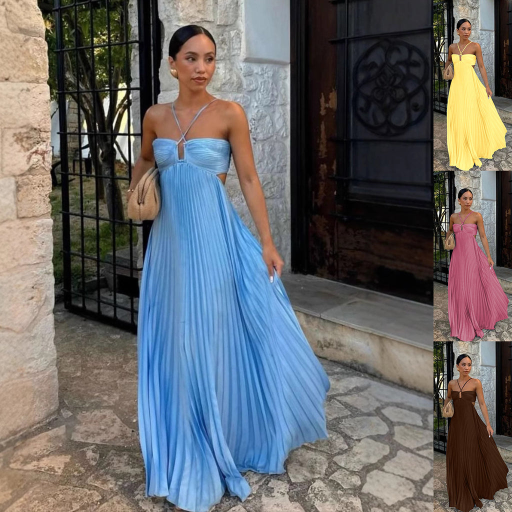 Vestido largo plisado de cuello halter y talle alto