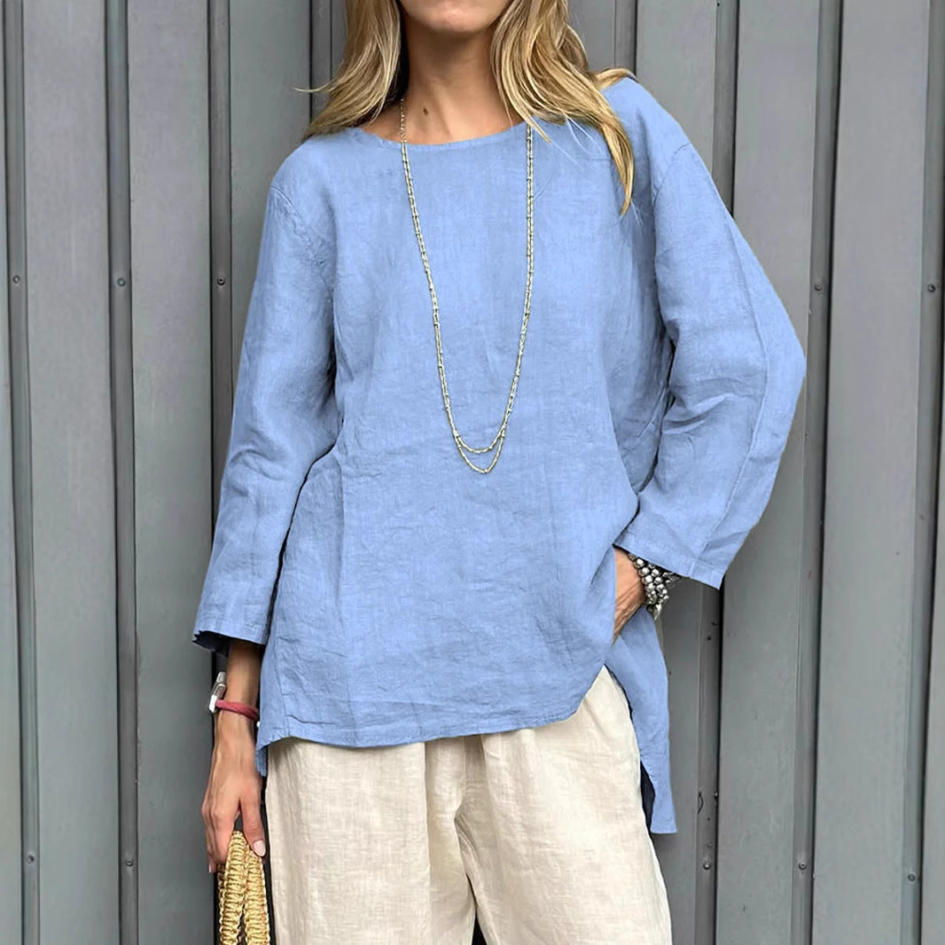 Blusa de algodón y lino con cuello redondo y manga larga